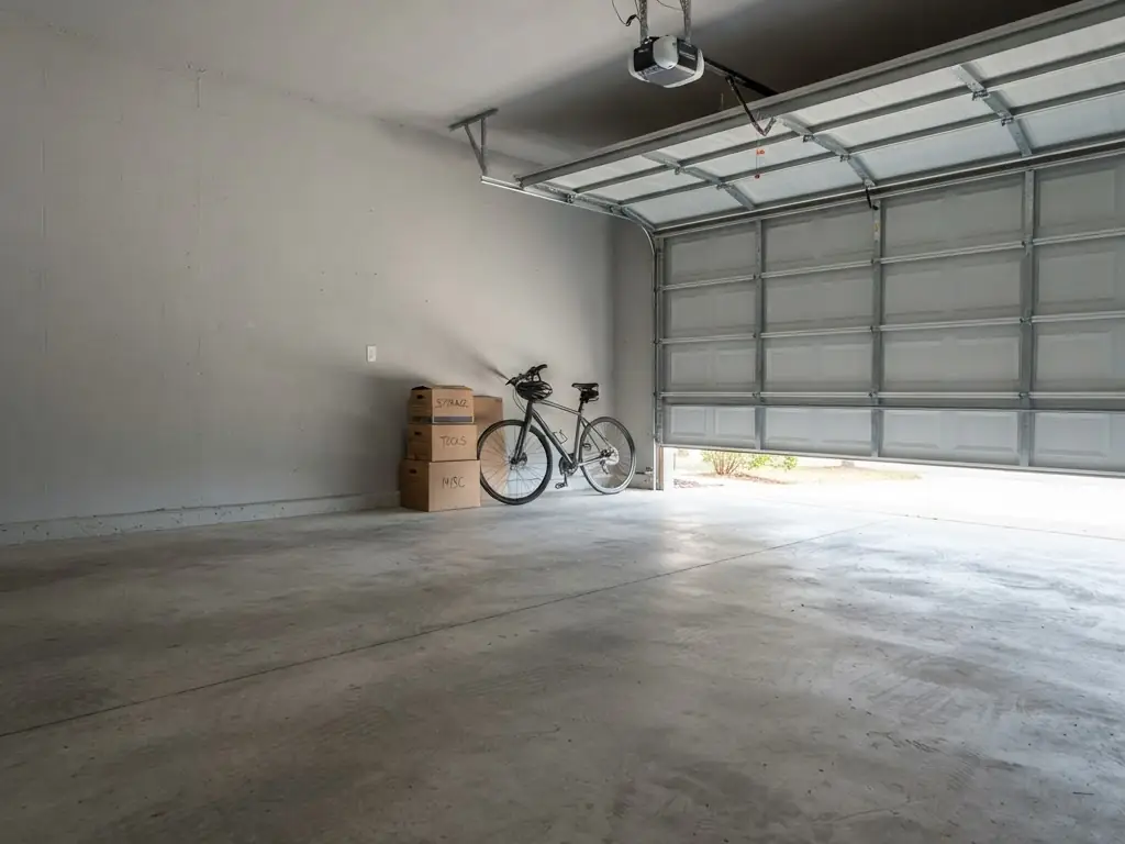 A two-car garage with a bare grey concrete floor, boxes and a bicycle against the wall.