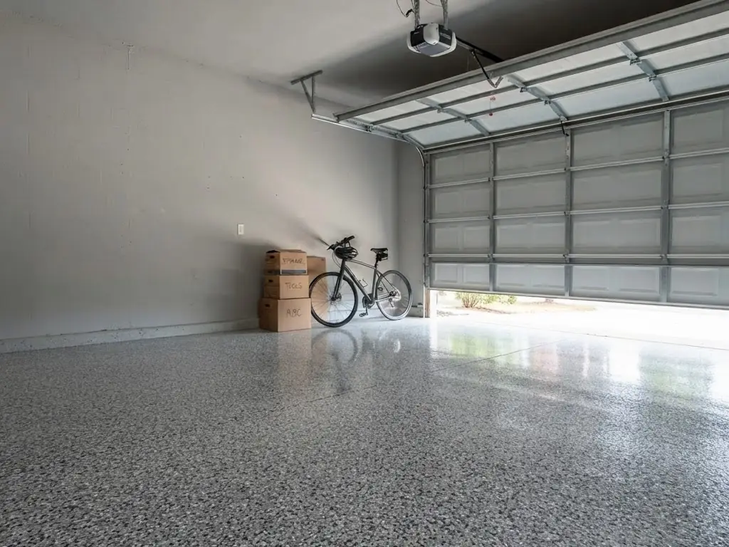 The same two-car garage finished in Domino FB-411, a black and white flake.