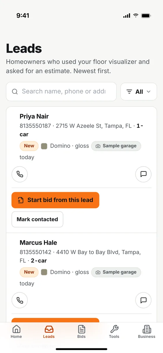 The JobBring leads list: homeowners with phone numbers, addresses, car counts and the floor colour each one picked, with a Start bid from this lead button.