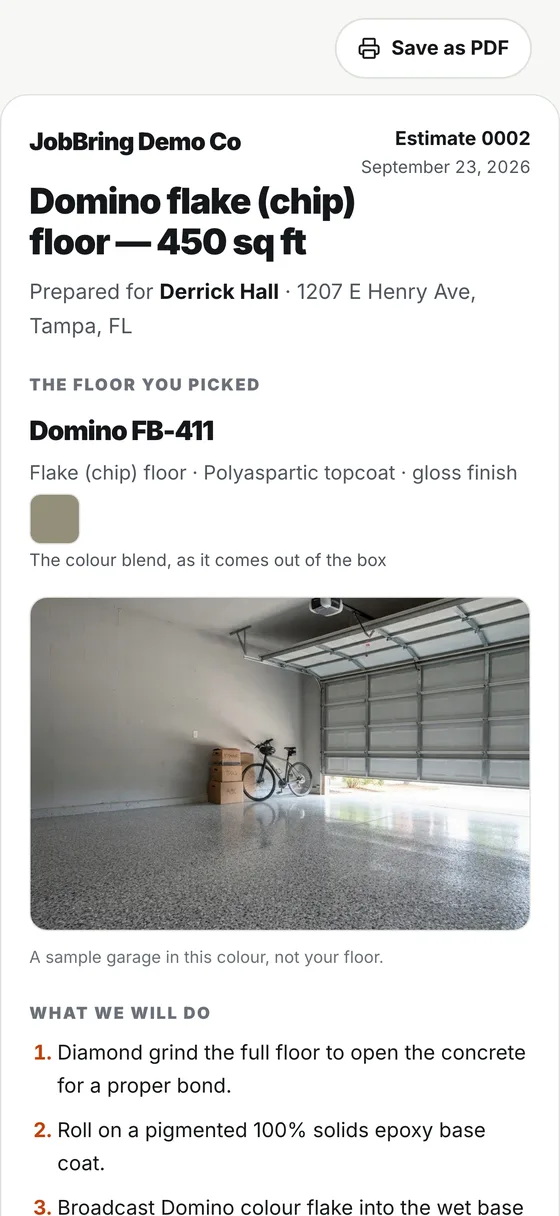 A JobBring bid as the homeowner sees it on a phone: the floor they picked, a photo, and what the crew will do.
