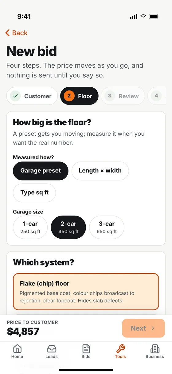 Smart Estimate's new bid screen: garage size presets, square footage and the system choice, with the price to the customer at the bottom.
