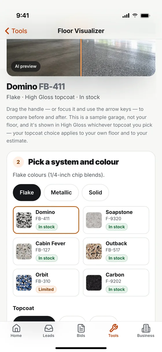 The visualizer colour picker in the app: the chosen floor, Domino FB-411 with a high gloss topcoat, above flake, metallic and solid tabs and six flake colours with product codes and stock status.