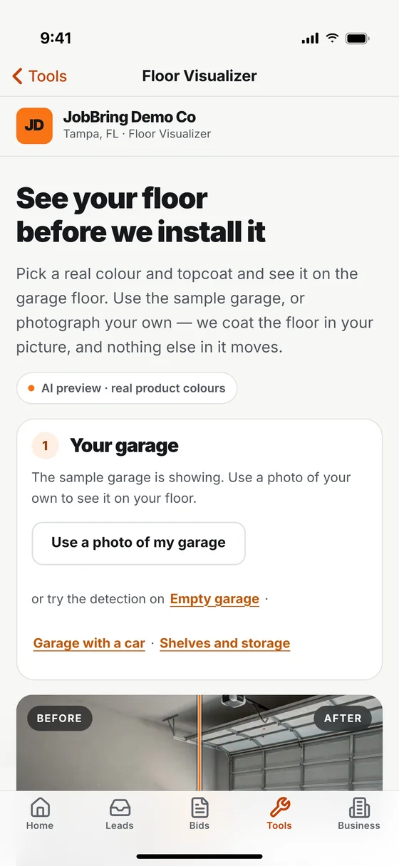The JobBring floor visualizer on a phone: See your floor before we install it, with a before and after garage slider.