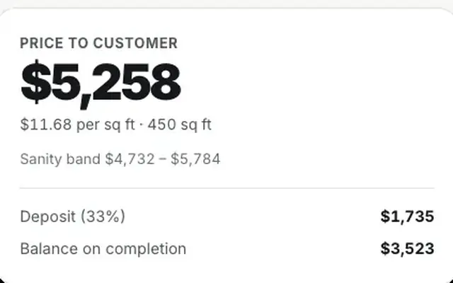 A price card on a contractor website showing $5,258 for 450 square feet with the deposit split out.