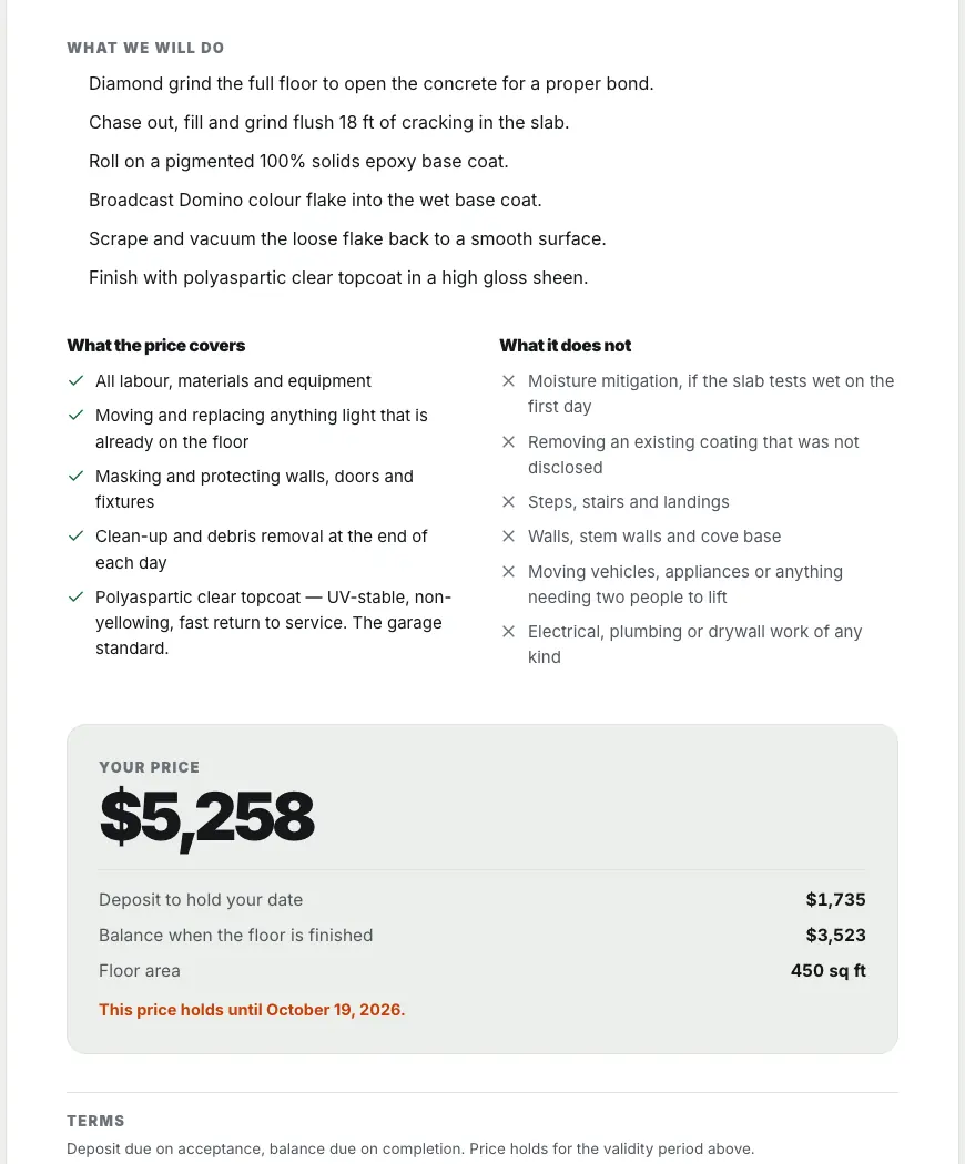 A JobBring bid as the customer sees it: the scope of work, what the price covers and does not, and a price of $5,258 with deposit and balance.