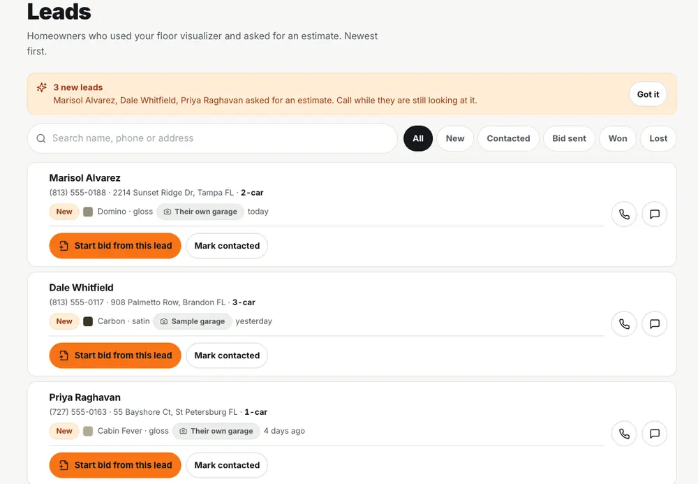 The JobBring leads list: three homeowners with phone numbers, addresses, car counts and the floor colour each of them picked.