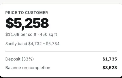 The price card in a JobBring bid: $5,258 total, $11.68 per square foot over 450 square feet, with a deposit of $1,735.
