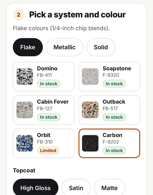 The visualizer colour picker on a phone, showing flake, metallic and solid tabs with six named colours and their stock status.