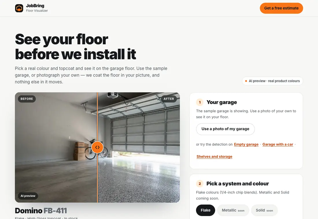 The JobBring floor visualizer on a laptop, showing a before and after garage with a colour picker beside it.
